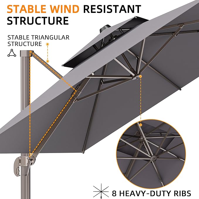 10' X 13' Outdoor Patio Umbrella Large Rectangle Cantilever Umbrella with Base Included, Heavy Duty 360°Rotation Offset Umbrella for Garden Deck Pool Patio,Grey