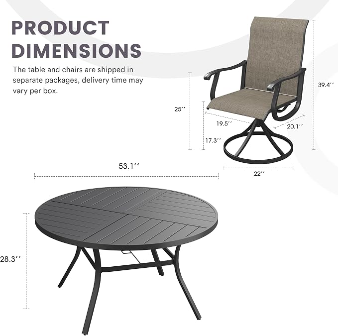 7 Pieces Patio Furniture Dining Set, 6 Textilene Swivel Dining Chairs, 53" Outdoor Round Metal Table with 1.57" Umbrella Hole, Outdoor Dining Set for Porch, Lawn, Garden, Black/Brown
