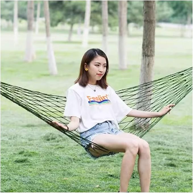 Portable Nylon Rope Hammock 10 Group Knot Rope Mesh Outdoor Camping Lightweight Hammock with Storage Bag Easy to Set Up Comfortable(Green)