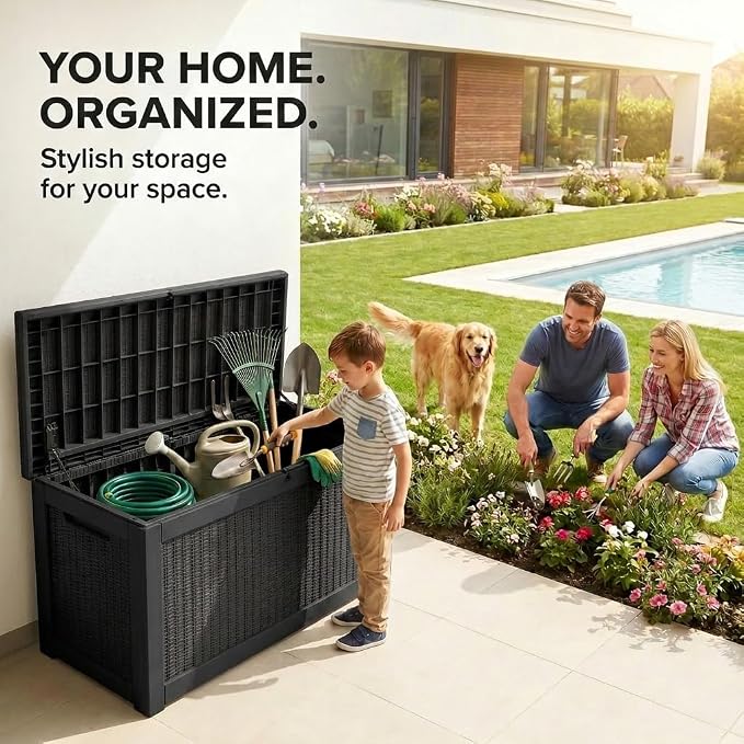 LAUSAINT HOME 100 Gallon Outdoor Deck Box, Waterproof Resin Storage Box with Lock, Patio Cushion Storage, Garden Tool Organizer, Pool Storage Container, Outdoor Storage Bench, Black