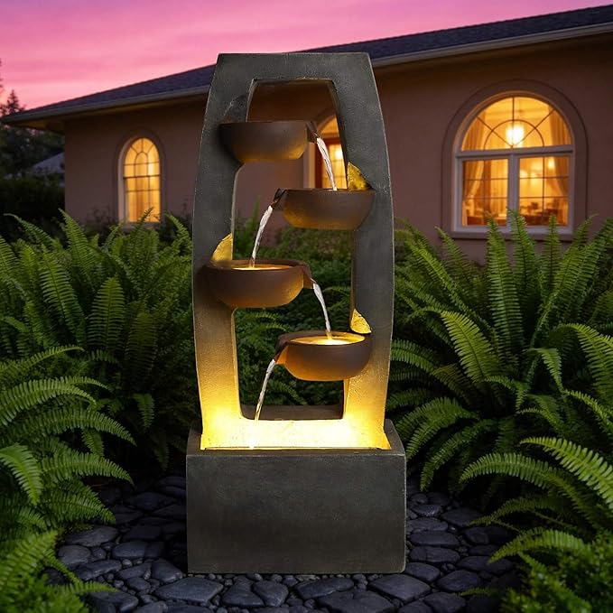 Outdoor Water Fountain with LED Lights, 37.6" 4-Tier Cascading Waterfall Fountain with Pump for Garden, Multi-Bowl Rock Fountain Decor, Illuminated Gray Resin Garden Fountain