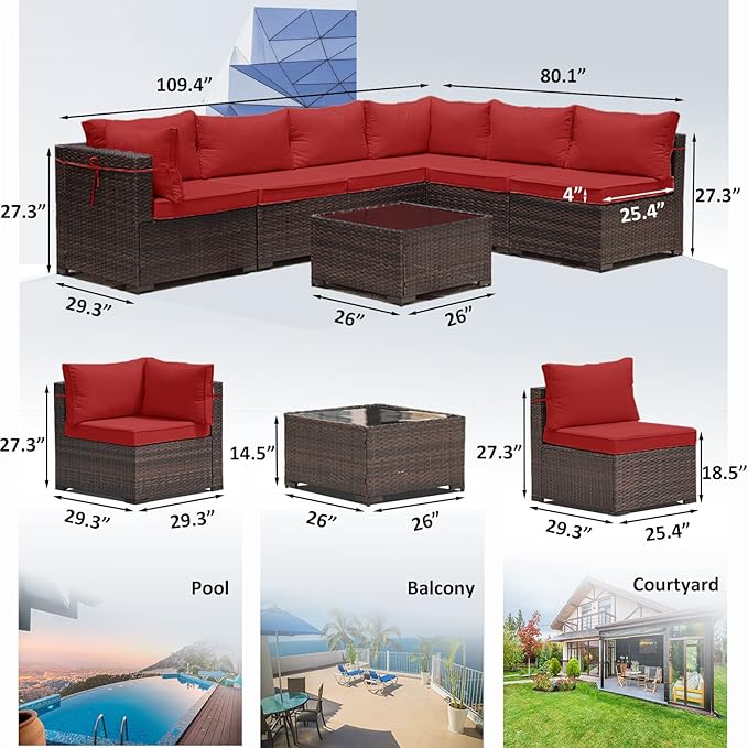 8 Pieces Outdoor Patio Furniture Sets w/55000 BTU Propane Fire Pit Table,Wicker Conversation Sofa,Includes 6 All-Weather High Back PE Rattan Seating Components w/Coffee Table&Gas Fire Pit,Red