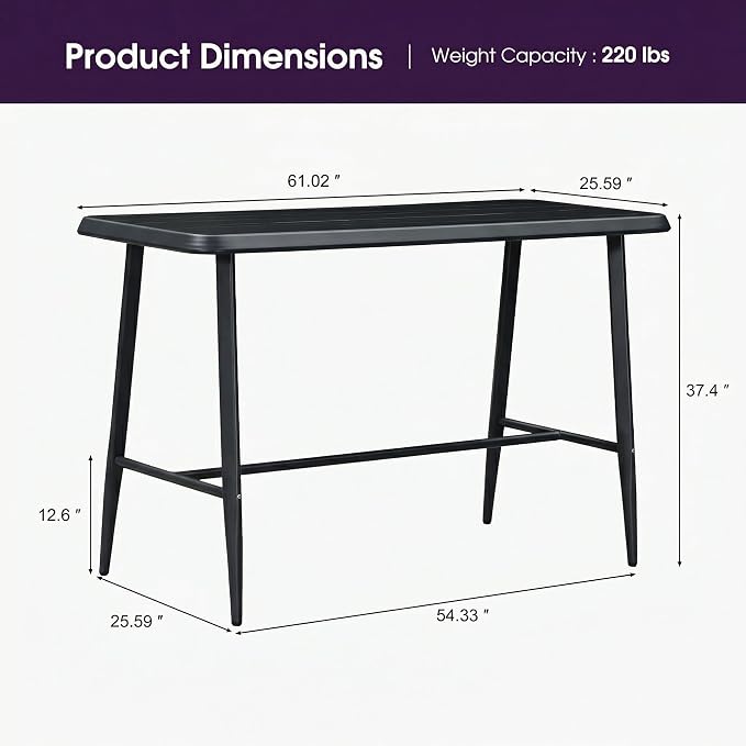 PURPLE LEAF Outdoor Counter Height Bar Table Rectangular Patio Pub Table with Waterproof Tabletop for Balcony Dark Grey