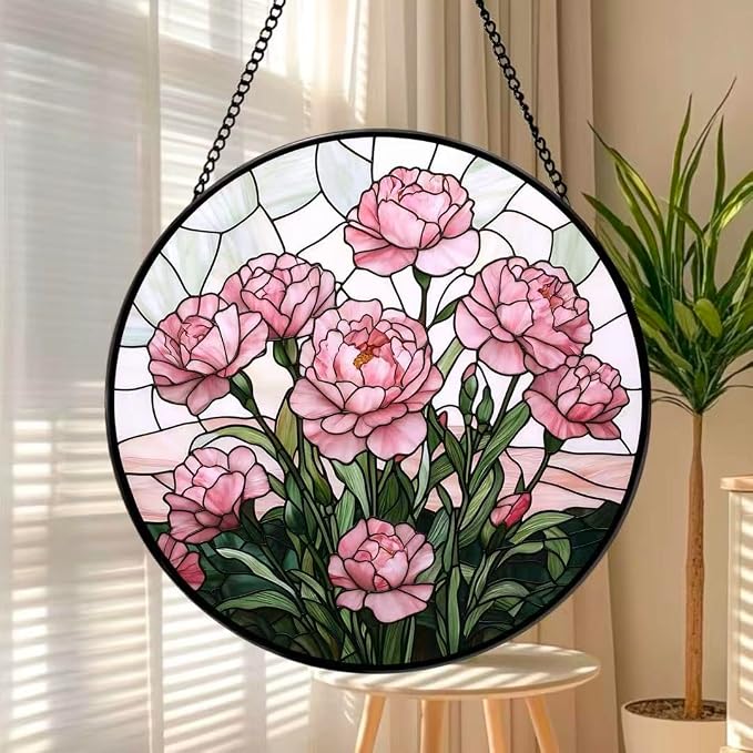Stained Glass Window Hanging - Blooming Pink Peonies 7.8 Inches Suncatcher for Garden Home Decor for Women Mon Grandma Friends