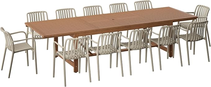 Urban Elements Frida Rectangular Extendable Patio Furniture Set | 100% Certified Teak Finish | Backyard Furniture, Outside Table and Chairs, Rectangular Outdoor Dining Set (Sand, 13-Piece)