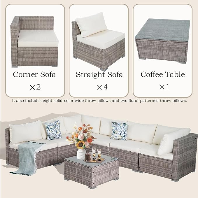 7 Piece Outdoor Patio Sectional Sofa Set, All-Weather Wicker Patio Furniture Set, with able Cushions & Tempered Glass Table for Backyard, Poolside, Garden Patio Conversation Sets