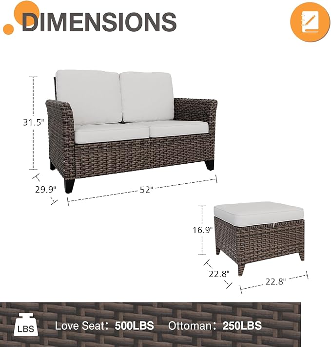 COOS BAY Harbor Retreat 3 Piece Outdoor Furniture Set, Patio Conversation Set with 2 Seat Loveseat and Ottomans, Wicker Furniture, Brown/Beige