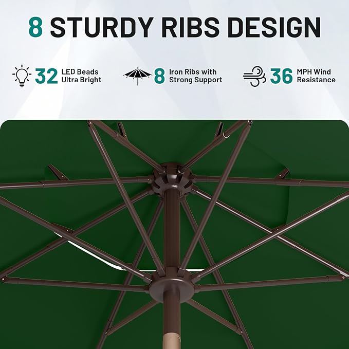 AreShark 9ft 3 Tiers Patio Umbrella with Solar Lights, Outdoor Umbrella w/ 32 LED Lights&8 Sturdy Ribs, Table Umbrella for Deck, Backyard, Pool (Dark Green)