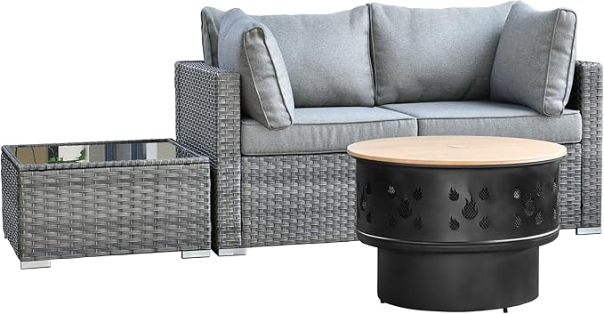HOOOWOOO 4-Piece Outdoor Wicker Patio Furniture Set, Modular Sectional Sofa with Cushions, Side Table, and Fire Pit Table, All-Weather Rattan Garden Seating for Patio, Porch, or Balcony (Dark Grey)