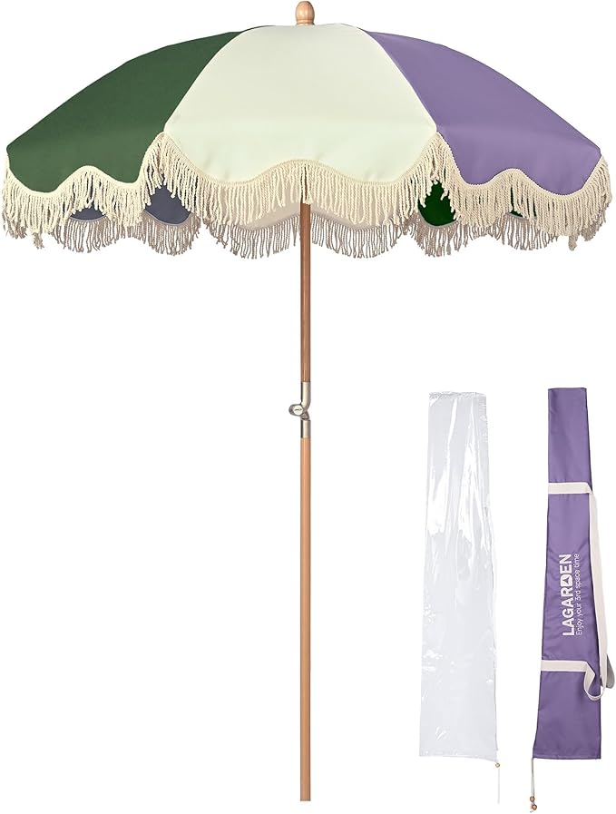 LAGarden Fringe Patio Umbrella with Carry Bag & Cover Vintage Wood for Event Outdoor Garden Yard Wedding Bistro Table