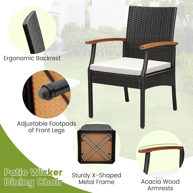 Tangkula Outdoor Dining Set for 4, Weather Resistant Heavy Duty 5 Pieces Patio Acacia Wood Table and Wicker Chairs with Umbrella Hole, Soft Padded Cushions, for Poolside, Backyard, Lawn (5 PCS)
