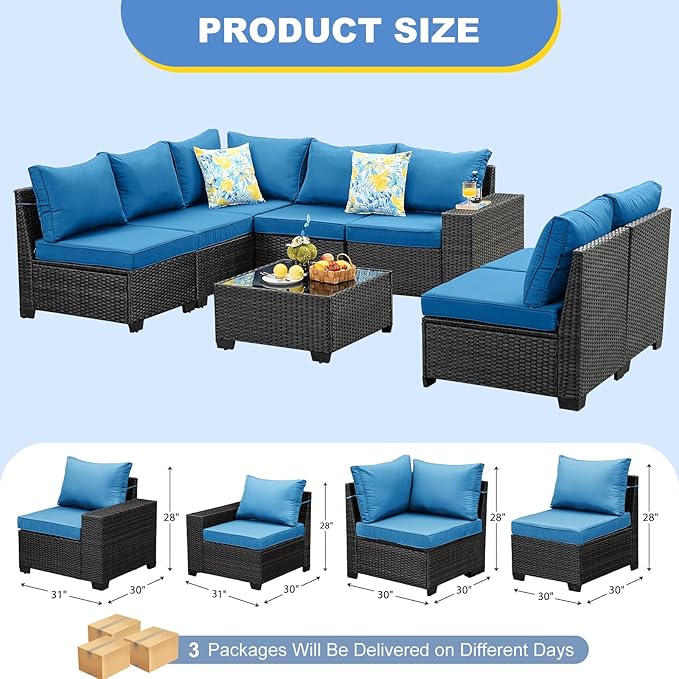 Patio Furniture Set, 8 Pieces Outdoor Couch Sofa with Wider Armrests & Glass Coffee Table, Outdoor Sectional Furniture with Thick Cushions for Party, Poolside,Garden-Peacock