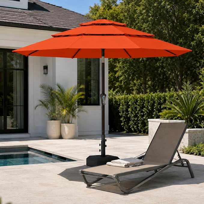 10ft Patio Umbrella, 3-Tier Vented Outdoor Table Umbrella with 8 Sturdy Fiberglass Ribs, Windproof Market Umbrella with Push Button Tilt and Crank, UV Protection for Deck, Pool, Terracotta