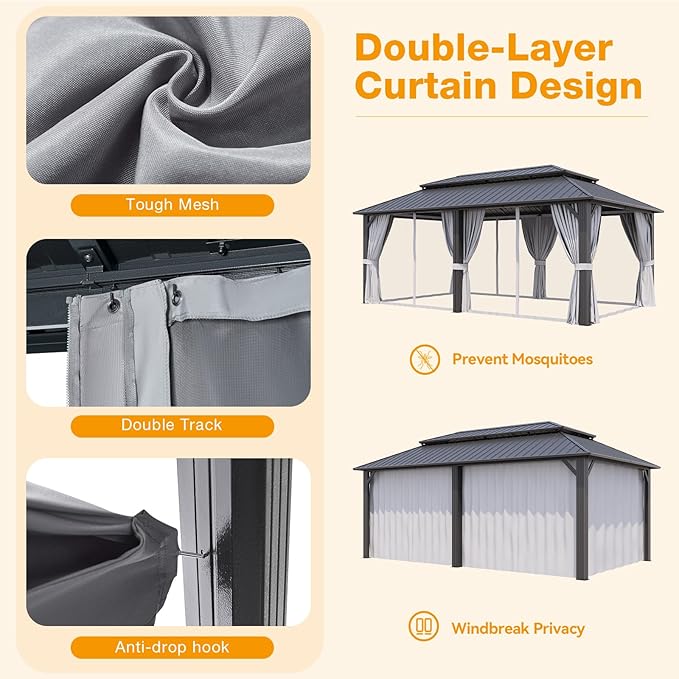 12x20FT Hardtop Gazebo, Metal Frame with Double Galvanized Steel Roof, Permanent Outdoor Pergola with Curtains and Netting Included for Backyard, Patio, Lawn and Garden, Gray