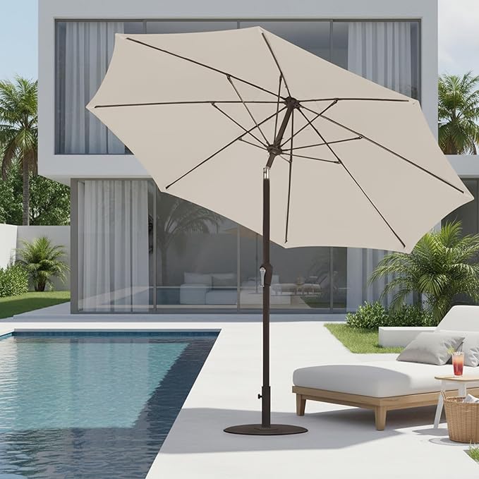 9ft Patio Umbrella with Push Button Tilt and Crank,Outdoor Market Table Umbrella UV Protection 8 Sturdy Ribs for Backyard,Garden,Pool,Deck(Creamy-white)