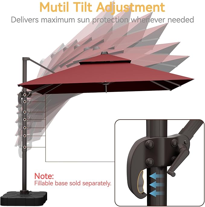 10x10 FT Patio Umbrella, Large Cantilever Double Top Heavy Duty Offset Umbrellas with 360° Rotation, Outdoor shade for Garden Deck Pool, Red