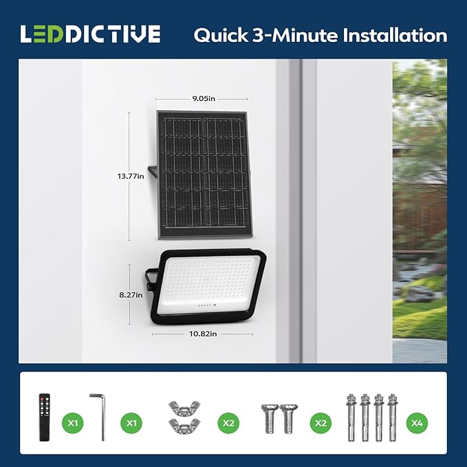 Leddictive 2 Pack LED Solar Lights Outdoor 7000K, 3500LM Solar Powered Flood Lights with 3 Modes, Dusk to Dawn Outdoor Lighting with Remote, IP65 Waterproof, 16.4 Ft Cable for Yard Garage Porch