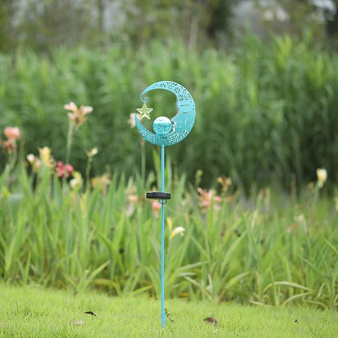 Hapjoy Outdoor Solar Lights Garden Decor for Patio,Lawn or Pathway Moon Decorations Crackle Glass Globe Stake Metal Lights Waterproof Warm LED Garden Gifts (Blue)
