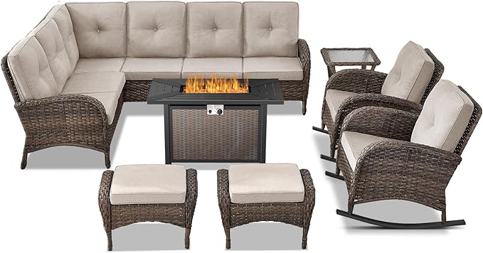 Belord 8 Pieces Patio Conversation Set with 43” Propane Fire Pit Table, Outdoor Sectional Furniture Sofa Set with Removable Beige Cushions for Patio Deck Backyard Brown