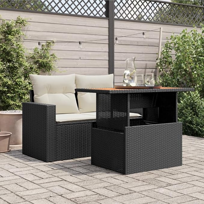 Garden Table Black PE Rattan, Powder-Coated Steel, Solid Acacia Wood, Height Adjustable Outdoor Dining, Patio Furniture, 21.7x39.4x28.7in