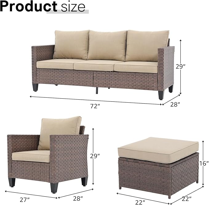 SUNSITT Outdoor Patio Furniture Set 5 Piece Wicker Conversation Set with Ottoman 3 Seat Sofa Couch with Club Chair, Brown Wicker & Beige Cushion