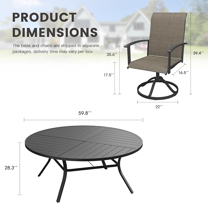 9 Pieces Round Outdoor Table and Chairs Set, Patio Dining Set with 60" Round Spliced Outdoor Table and Patio Swivel Chairs for Backyard Lawn Garden, Black Table and Mixed Brown Chairs