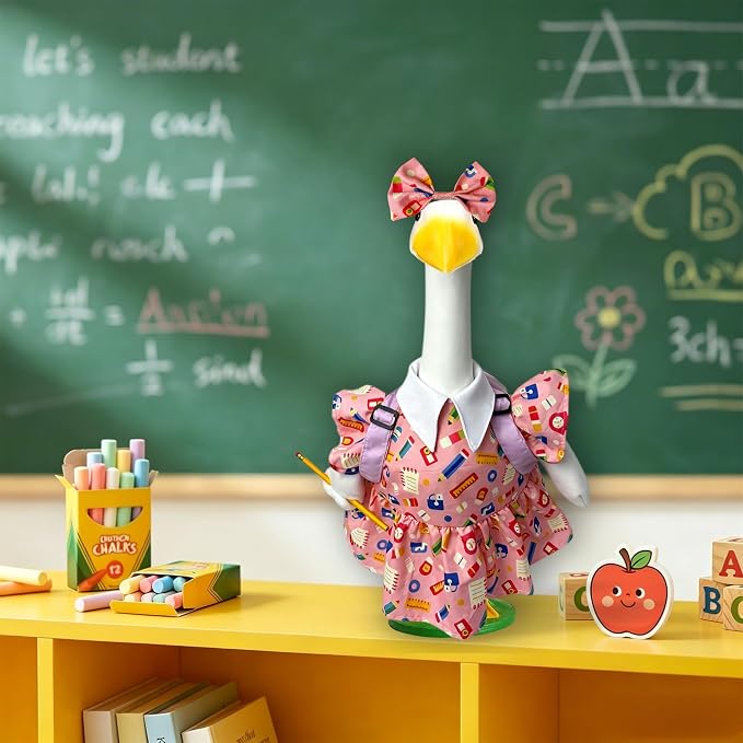 Back to School Porch Goose Outfit for 23" Plastic Statue, Lawn Porch Goose Clothes with Schoolbag and Pencil for School Classroom Outdoor Garden Yard Patio Statue Art Decor