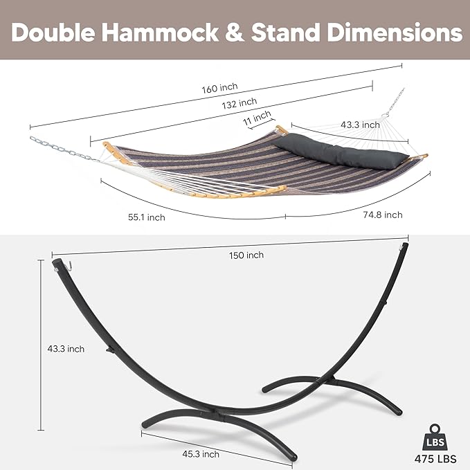 SUNCREAT Hammocks for Outside with Stand, Porch Hammock and Stand, 475 lbs Capacity, Patent Pending, Gray Stripes