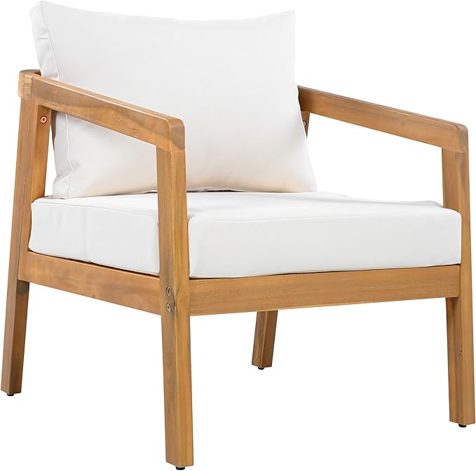 Christopher Knight Home Sures Acacia Wood Club Chair and Coffee Table Set, 3 Piece Patio Bistro Set, Solid Wood Outdoor Patio Furniture Set with Center Table, Natural+Beige