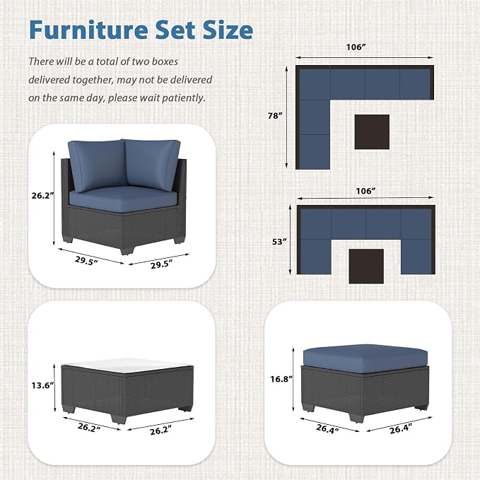 AECOJOY 7 Piece Outdoor Patio Furniture Set, Outdoor Sectional Conversation Furniture Chair with Coffee Table, Patio Sectional for Backyard, Garden(Navy Cushions and Black Rattan, with Cover)