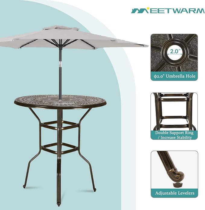 MEETWARM Patio Height Bar Table, 38.5" Bar Height Bistro Table, Outdoor Cast Aluminum Bistro Round High Top Dining Table with 2" Umbrella Hole for Garden Deck Backyard, Dark Bronze