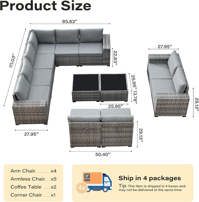 12 Pieces Patio Furniture Set, Wicker Outdoor Sectional Sofa with Coffee Table Comfy Cushions, Modern Modular Deep Seat Rattan Couch Conversation Set for Backyard Porch Yard,Dark Grey