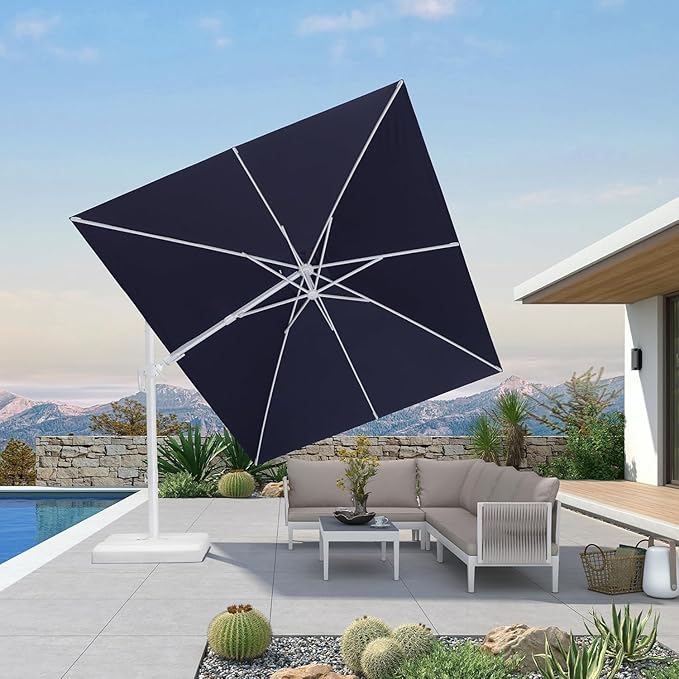 PURPLE LEAF 9' X 12' Right-left Tilt White Patio Umbrella with Base Cantilever Outdoor Swivel Umbrellas with Aluminum Tilt Offset Umbrella with 360° Rotation for Deck Pool, Navy Blue