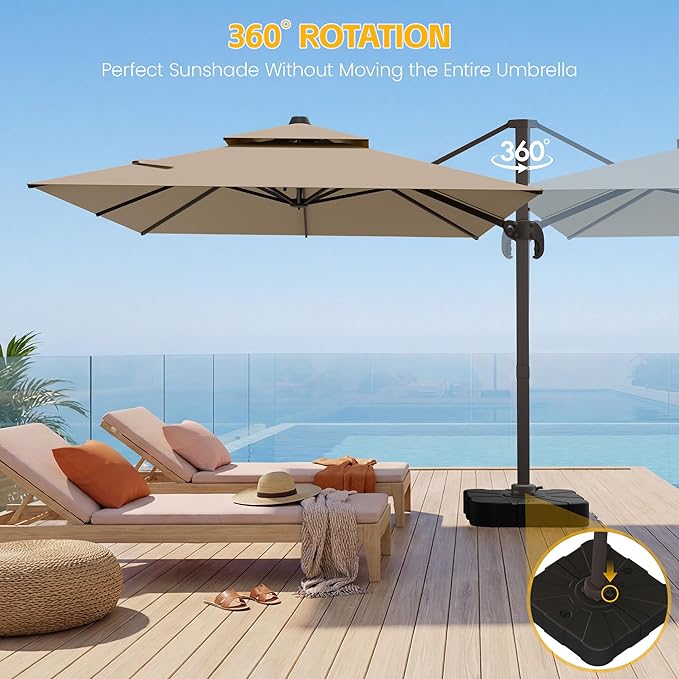 9x12 FT Patio Cantilever Umbrella (Base Not Included) (Base Not Included), Rectangular Heavy Duty Offset Umbrella for 6-8 People, 360°Rotation & Mult Tilt, Double Top Design, for Pool Garden Deck (Tan)