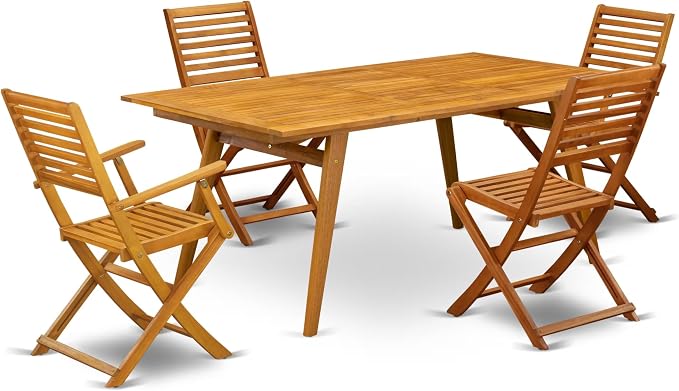 East West Furniture DEBS52CANA 5 Piece Outdoor Patio Dining Sets Includes a Rectangle Acacia Wood Table and 2 Folding Arm Chairs with 2 Side Chairs, 40x72 Inch, Natural Oil