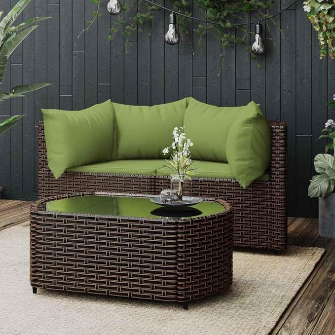 Brown PE Rattan Outdoor Patio Sectional Sofa Set with Green Cushions, 2-Seater Conversation Couch, Steel Frame, Modular for Balcony, Garden, 8.2 x 12.1 x 4.6 in