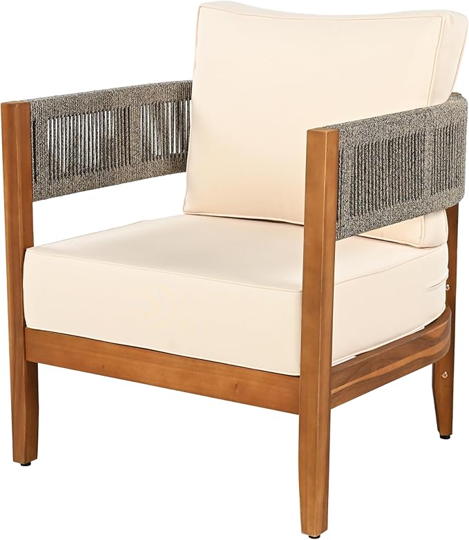 Christopher Knight Home Quixley Acacia Wood 5 Piece Patio Furniture Set, Large Wooden Patio Conversation Set with Club Chair+Coffee Table, 7-Seater Outdoor Loveseat Sofa Chair and Table Set,Teak+Beige
