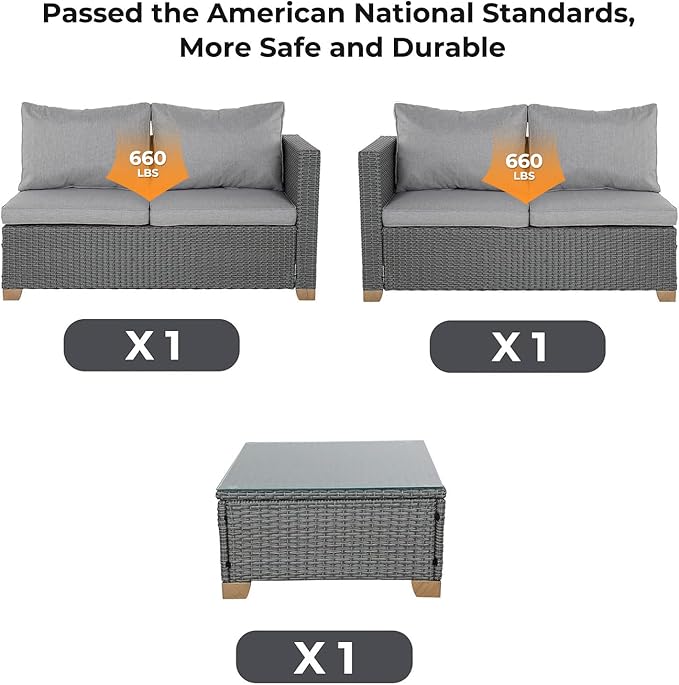 Grand patio Outdoor Conversation Sets with Glass Coffee Table, 4 Seats Wicker Patio Furniture Sets, Modular Sofa Sets with Olefin Cushions for Backyard Garden Poolside Patio, Light Gray