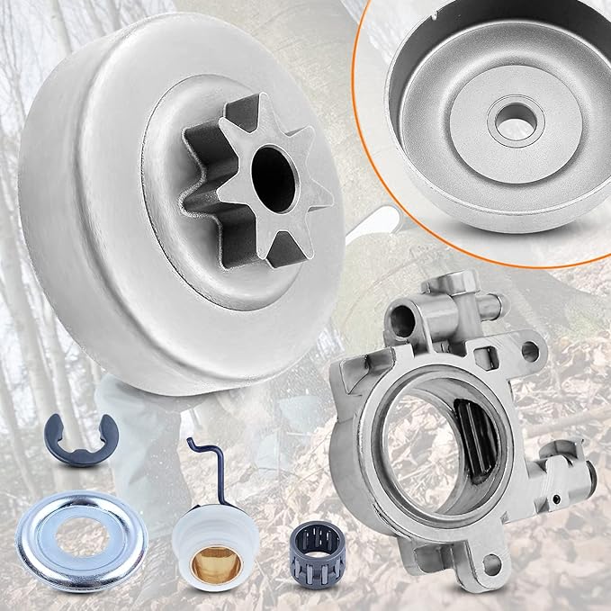 3/8" Clutch Drum Sprocket Oil Pump Worm Gear Kit fit For Stihl MS311 MS391 Chainsaws, 3/8" 7T Clutch Drum, Needle Bearing, Washer, Clip, Oil Pump, Worm Gear
