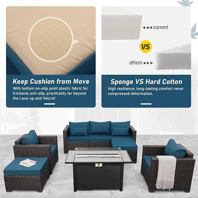 Patio Furniture Set 6-Piece Outdoor Furniture Set with 45'' Propane Gas Fire Pit Table Outdoor Conversation Set Wicker Sofa Set Non-Slip Cushions Waterproof Covers, Peacock Blue