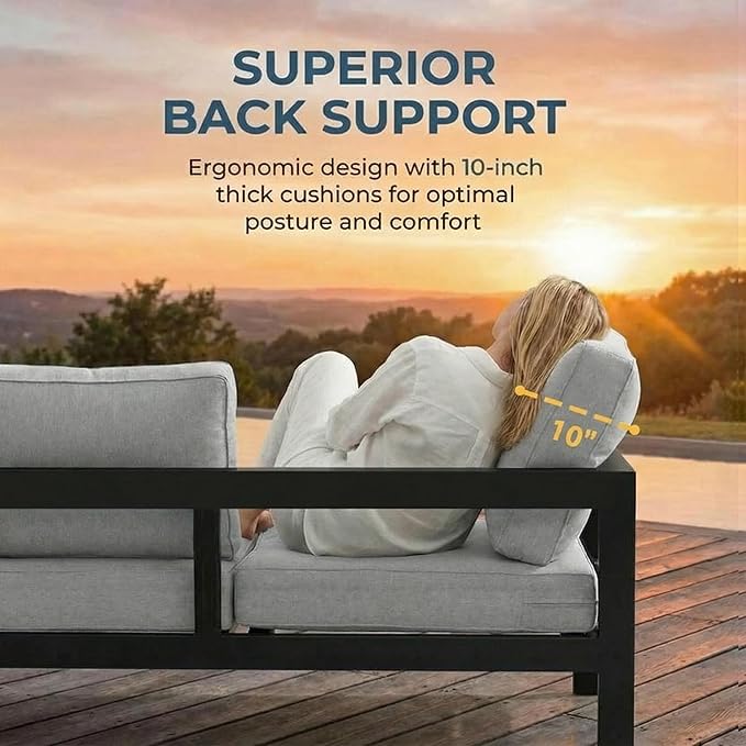 Solaste Aluminum Patio Furniture Set for All Weather, Oversized Metal Outdoor Furniture Set with 27.5" Deep Seating and Wide Armrest, Outdoor Loveseat Sofa with 10" Back Suport Cushion，Black and Gray