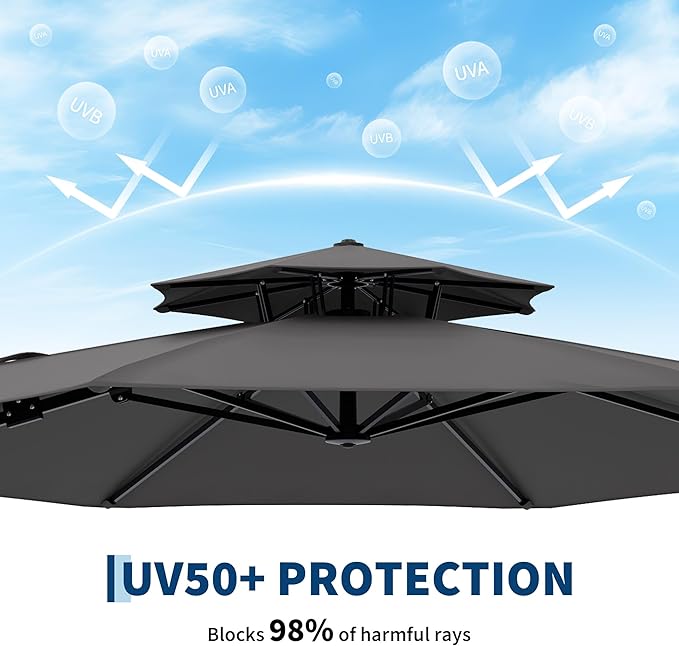 10x10 ft Round Outdoor Umbrella, Cantilever Patio Umbrella with 360° Rotation & Adjustable Height, Heavy Duty Aluminum Umbrella Outdoor Patio for Garden Poolside,Grey (Base Not Included)