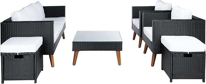 SAFAVIEH Outdoor Collection Presla Wicker Cushion 6-Piece Living Set PAT7715A-3BX, Black/White