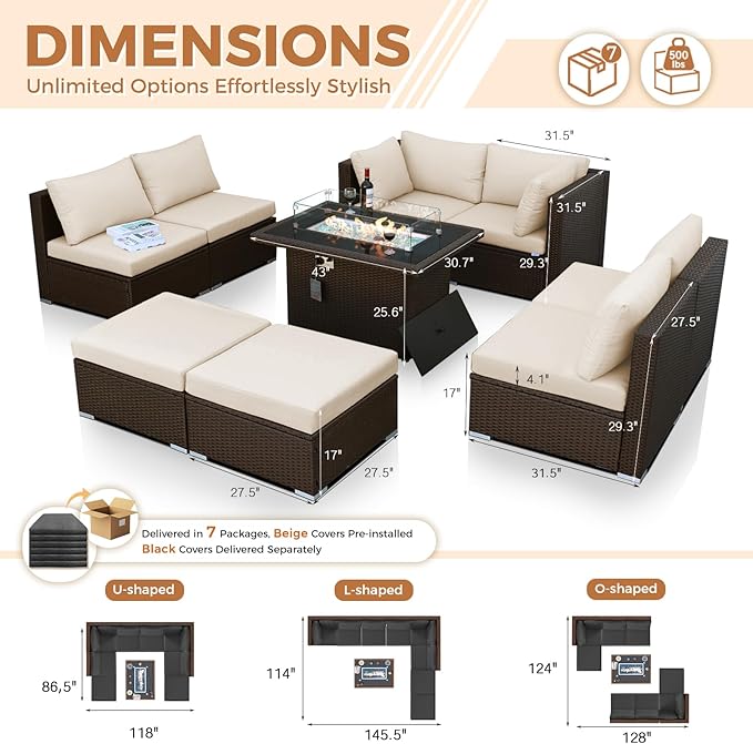 BULEXYARD 9 Piece Highback Patio Furniture Set with Fire Pit Table, Modern Modular Outdoor Sectional Couch Sofa with Ottoman, 8-Person Backyard Seating for Outside, Deck, Brown Wicker & Black Cushion