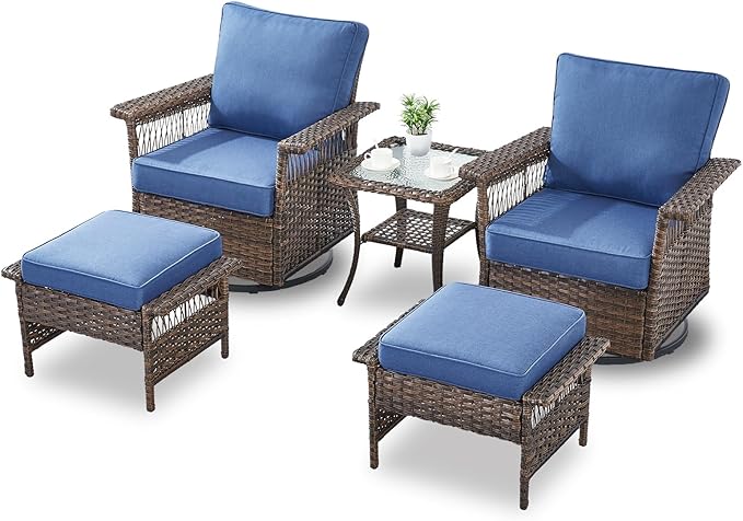 Outdoor Wicker Patio Furniture Set - 5 Piece Rattan Patio Conversation Sets with 2 Swivel Rocking Chairs,2 Ottomans and 1 Side Table for Porch Deck Garden(Brown/Blue)