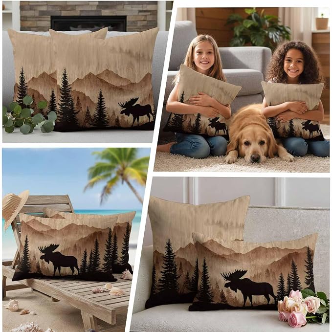 Moose Silhouette Outdoor Pillow Covers 18"x18" Set of 2, Nature Mountain Landscape Waterproof Throw Pillow Covers for Patio Furniture, Decorative Cushion Covers for Porch