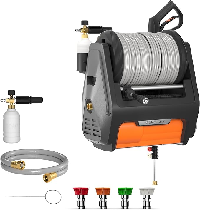 Giraffe Tools Grandfalls Retractable Pressure Washer Pro, Wall Mount Pressure Washer, Electric Power Washer, Automatic Rewind, Max 2900PSI 2.2GPM, Dark Silver Case with 100ft Pressure Hoses