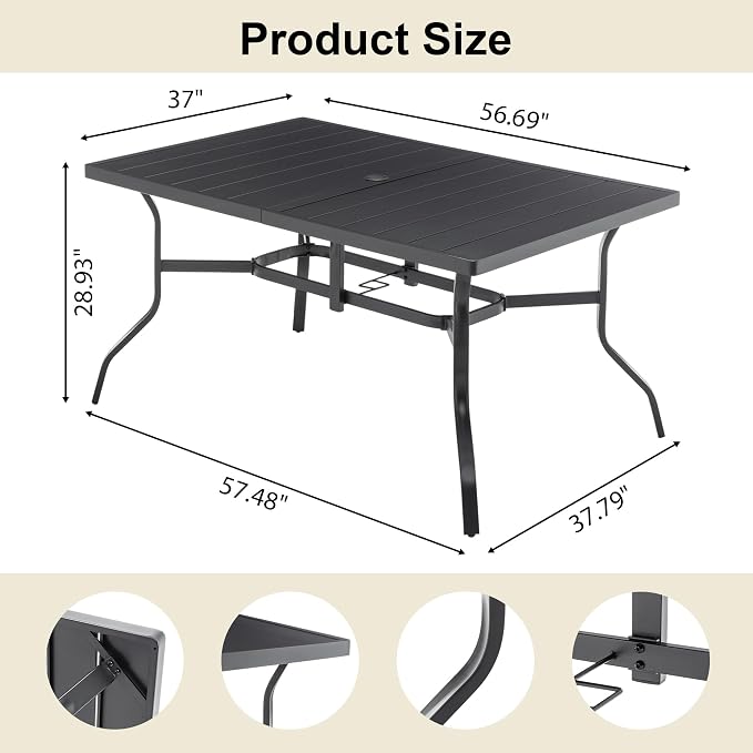 KEIKI Outdoor Dining Table for 56.69" Rectangular Metal Patio Tables with Umbrella Hole & Anti-Slip Pads, All-Weather Black Rectangle Table for Porch, Garden, Yard, Lawn, Poolside, Balcony