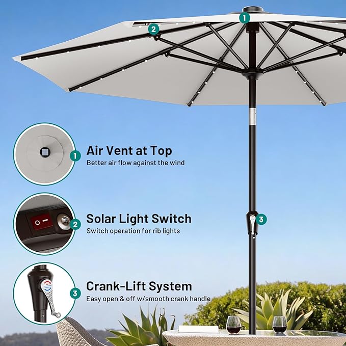 AreShark 9FT Patio Umbrella with Solar Lights, 32 Lighted Pool Umbrella w/Tilt and Crank, Outdoor Market Solar Umbrellas for Garden, Deck, Backyard, Pool and Beach, Light Gray