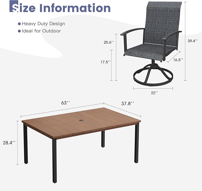 VICLLAX 7 Pieces Patio Dining Set, Patio Furniture Set of Metal Outdoor Table with Umbrella Hole and 6 Swivel Patio Chairs for Backyard Lawn, Charcoal & Walnut